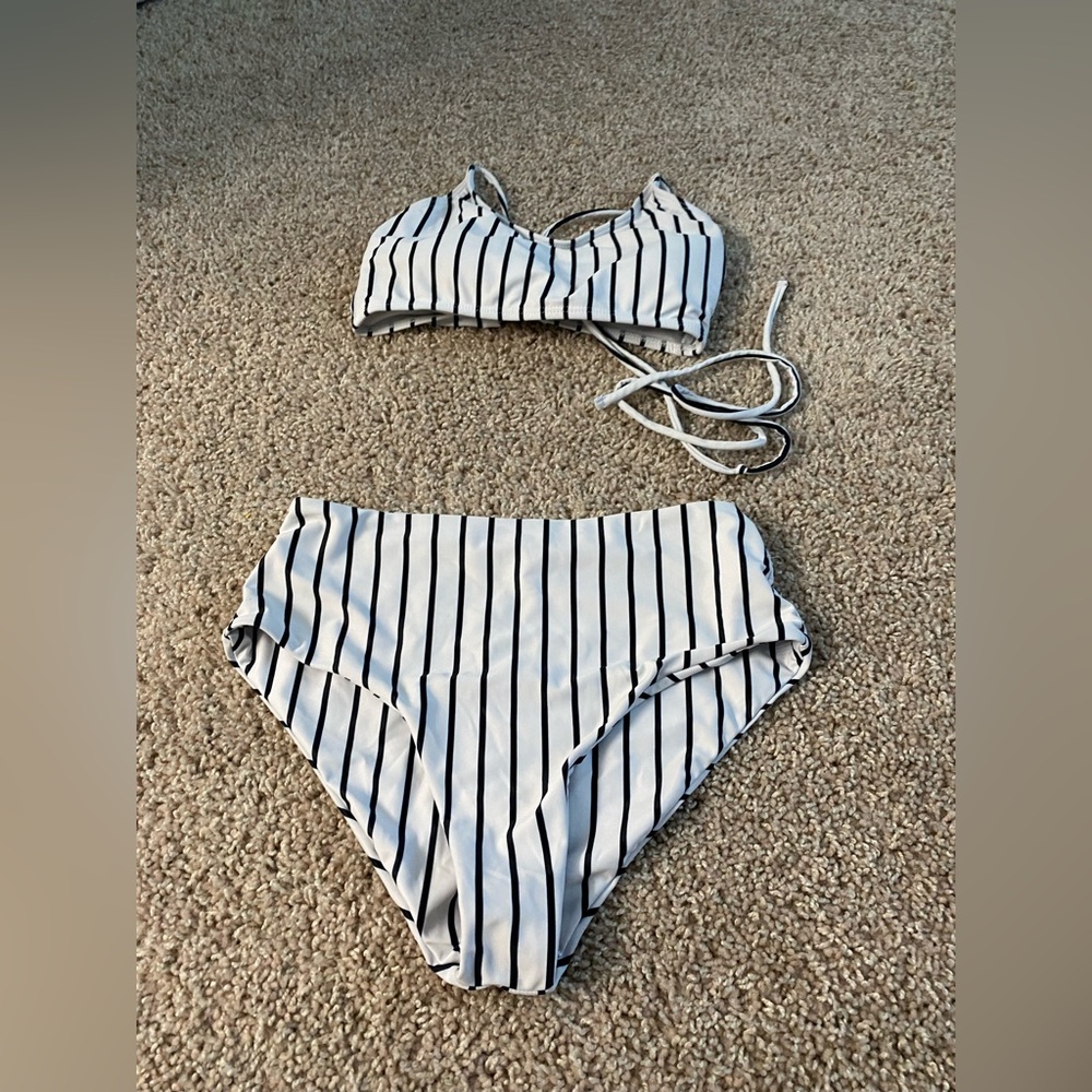 Black and white swimsuit set with high waisted bottoms